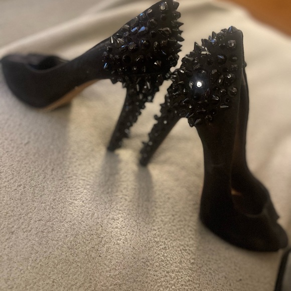 Sam Edelman Lorissa Studded Spiked Open Toe Pumps! Black Suede - Picture 1 of 4